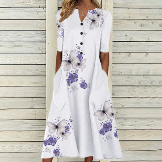 Trykt Løs Kjole med Lommer