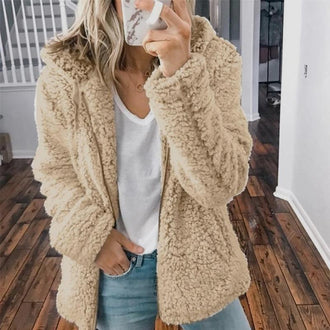 Teddy fleecejakke med hette og glidelås