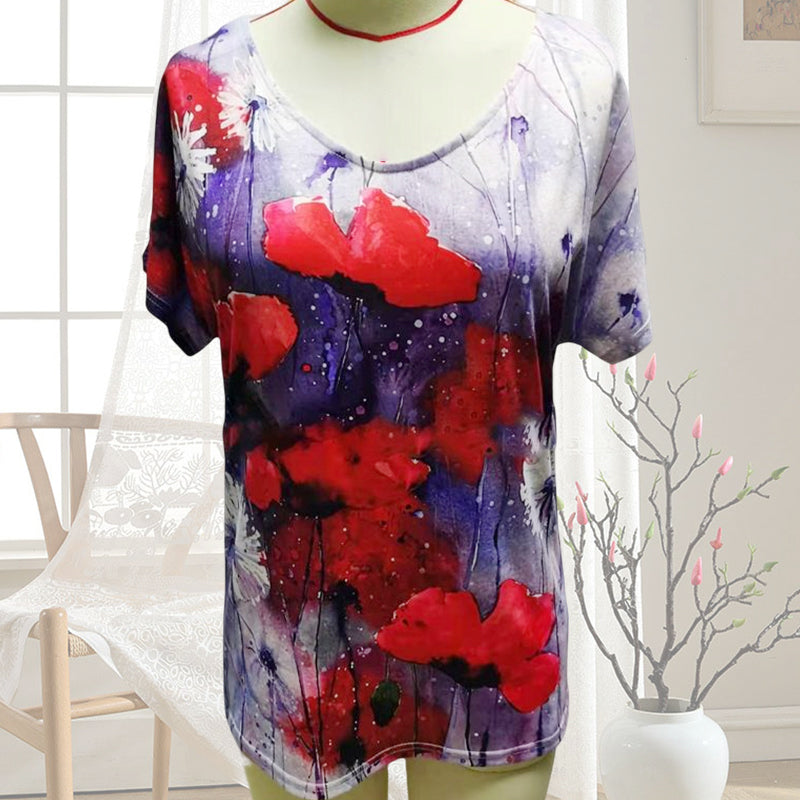 V-hals T-skjorte med blomster-kunst trykk