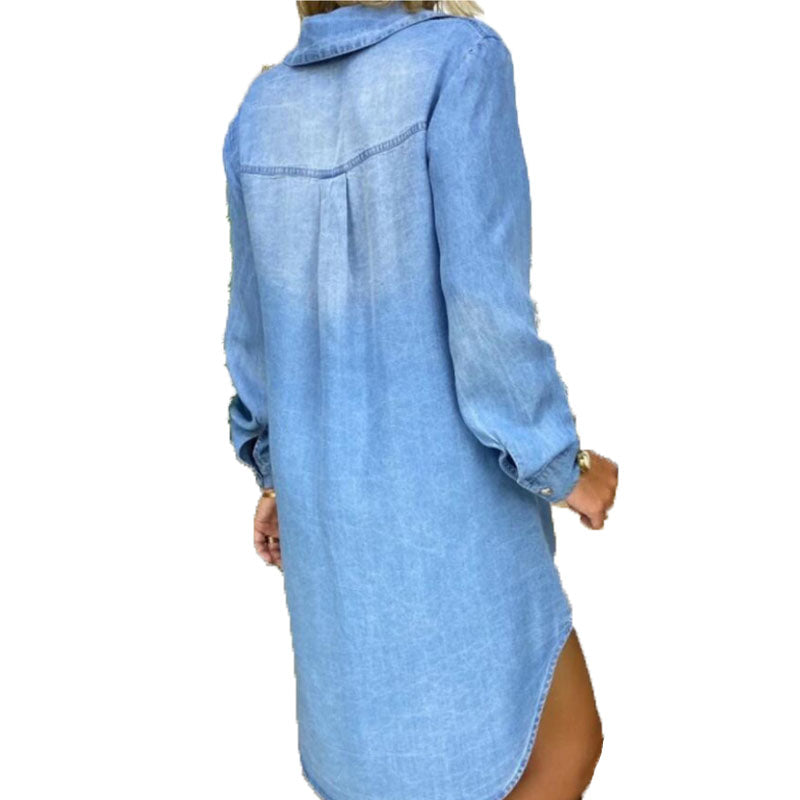 Langermet denimkjole med knapper og lommer