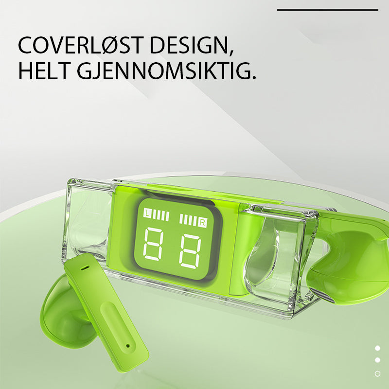 Trådløse ørepropper med gjennomsiktig etui