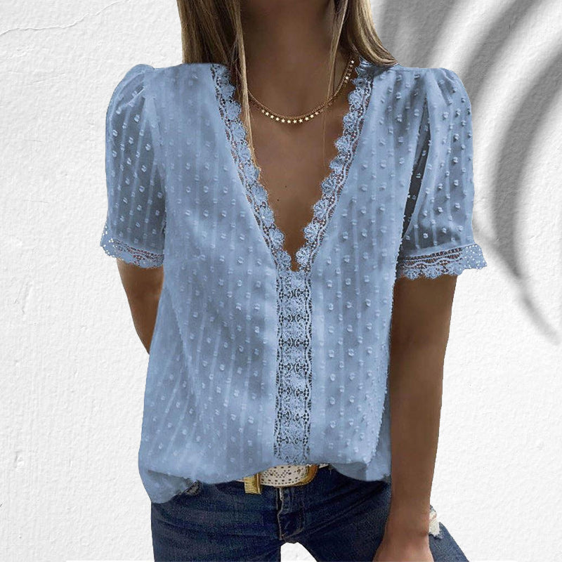V-hals bluse med engelsk blonde