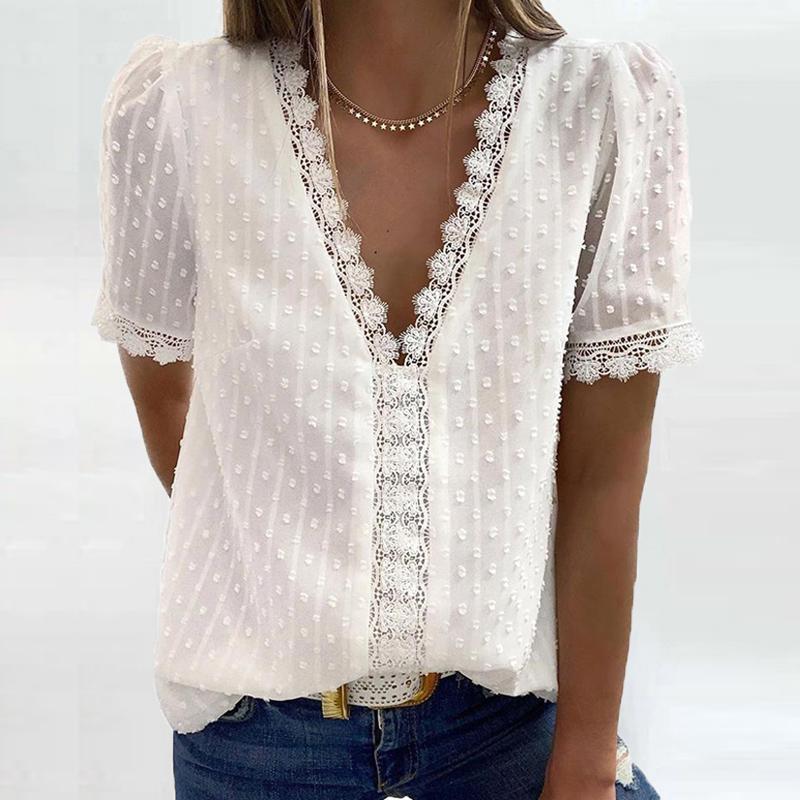 V-hals bluse med engelsk blonde
