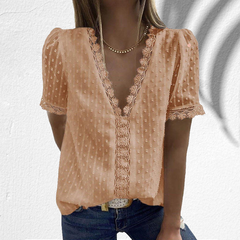 V-hals bluse med engelsk blonde