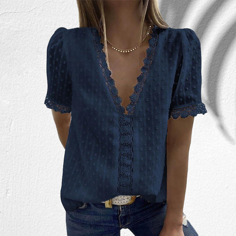 V-hals bluse med engelsk blonde