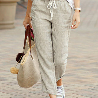 Uformelle bukser i bomull og lin med snøring