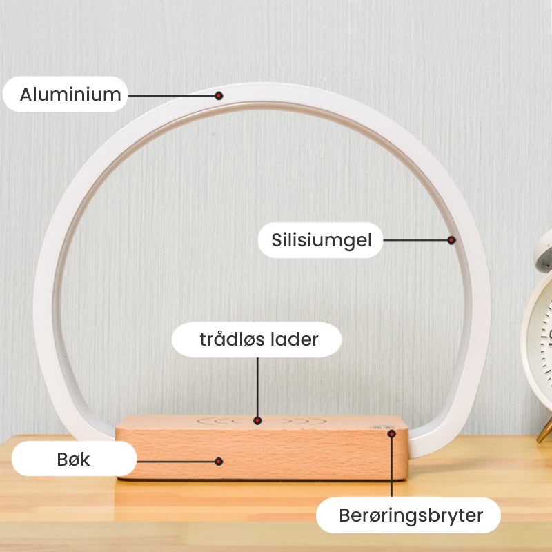 Bordlampe med trådløs lading av mobiltelefon