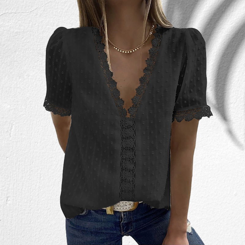 V-hals bluse med engelsk blonde