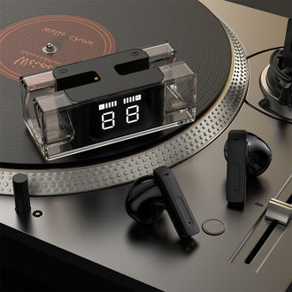 Trådløse ørepropper med gjennomsiktig etui