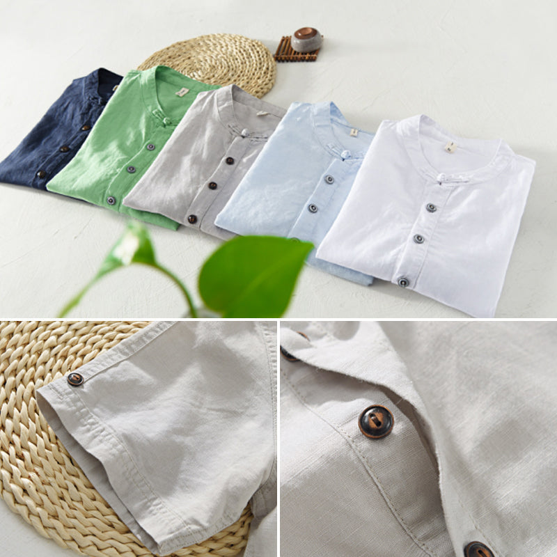 Herre sommer chinoiserie linskjorte med knapper