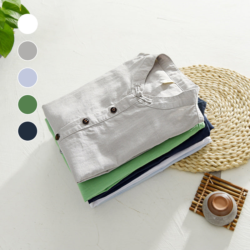 Herre sommer chinoiserie linskjorte med knapper