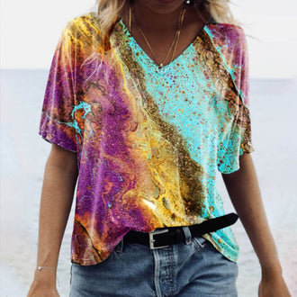 V-hals T-skjorte med Marmortrykk