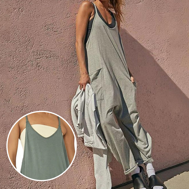 Ensfarget Jumpsuit med V-hals Sling Pocket